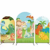 Three connected decorative panels featuring colorful cartoon dinosaurs in playful scenes.